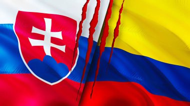 Yara izi olan Slovakya ve Kolombiya bayrakları. Dalgalanan bayrak, 3 boyutlu görüntüleme. Slovakya ve Kolombiya çatışma konsepti. Slovakya Kolombiya ilişkileri kavramı. Slovakya ve Kolombiya bayrağı krizi, savaş, attac