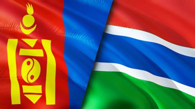 Moğolistan ve Gambiya bayrakları. 3 boyutlu dalgalanan bayrak tasarımı. Moğolistan Gambiya bayrağı, resim, duvar kağıdı. Moğolistan Gambiya 'ya karşı, görüntü 3 boyutlu. Moğolistan Gambiya ilişkileri ittifak ve ticaret, seyahat, turizm konsepti