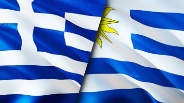 Yunanistan ve Uruguay bayrakları. 3 boyutlu dalgalanan bayrak tasarımı. Yunanistan Uruguay bayrağı, resim, duvar kağıdı. Yunanistan, Uruguay 'a karşı, görüntü 3 boyutlu. Yunanistan Uruguay ilişkileri ittifak ve ticaret, seyahat, turizm konsepti