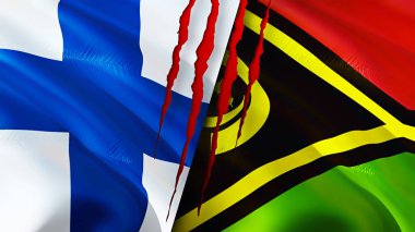 Yara izi olan Finlandiya ve Vanuatu bayrakları. Dalgalanan bayrak, 3 boyutlu görüntüleme. Finlandiya ve Vanuatu çatışma konsepti. Finlandiya Vanuatu ilişkileri kavramı. Finlandiya bayrağı ve Vanuatu krizi, savaş, saldırı konsepti