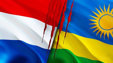 Hollanda ve Ruanda bayraklarında yara izi var. Dalgalanan bayrak, 3 boyutlu görüntüleme. Hollanda ve Ruanda çatışma konsepti. Hollanda Ruanda ilişkileri kavramı. Hollanda bayrağı ve Ruanda krizi, savaş