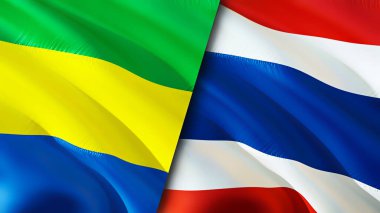 Gabon ve Tayland bayrakları. 3 boyutlu dalgalanan bayrak tasarımı. Gabon Tayland bayrağı, resim, duvar kağıdı. Gabon, Tayland 'a karşı. Görüntü 3 boyutlu. Gabon Tayland ilişkileri ittifak ve ticaret, seyahat, turizm konsepti
