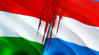 Yara izi olan Macaristan ve Lüksemburg bayrakları. Dalgalanan bayrak, 3 boyutlu görüntüleme. Macaristan ve Lüksemburg çatışma konsepti. Macaristan Lüksemburg ilişkileri kavramı. Macaristan ve Lüksemburg bayrağı krizi, savaş