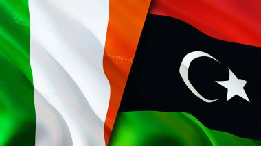 İrlanda ve Libya bayrakları. 3 boyutlu dalgalanan bayrak tasarımı. İrlanda Libya bayrağı, resim, duvar kağıdı. İrlanda, Libya imajına karşı, 3D görüntüleme. İrlanda Libya ilişkileri savaş ittifakı kavramı. Ticaret ve turizm konsepti