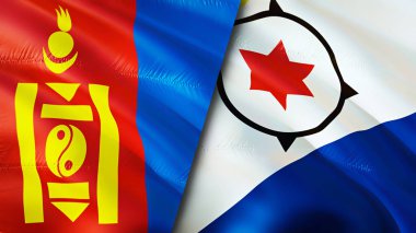 Moğolistan ve Bonaire bayrakları. 3 boyutlu dalgalanan bayrak tasarımı. Moğolistan Bonaire bayrağı, resim, duvar kağıdı. Moğolistan, Bonaire 'ye karşı, görüntü 3 boyutlu. Moğolistan Bonaire ilişkileri ittifak ve ticaret, seyahat, turnuva