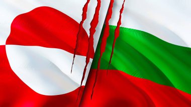 Grönland ve Bulgaristan yara izi kavramına sahip bayraklar. Dalgalanan bayrak, 3 boyutlu görüntüleme. Grönland ve Bulgaristan çatışma konsepti. Grönland Bulgaristan ilişkileri kavramı. Grönland bayrağı ve Bulgaristan krizi, savaş