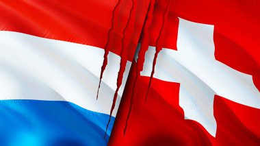 Lüksemburg ve yara izi olan İsviçre bayrakları. Dalgalanan bayrak, 3 boyutlu görüntüleme. Lüksemburg ve İsviçre çatışma konsepti. Lüksemburg İsviçre ilişkileri kavramı. Lüksemburg bayrağı