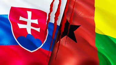 Slovakya ve Gine Bissau bayrakları yara izi konseptiyle. Dalgalanan bayrak, 3 boyutlu görüntüleme. Slovakya ve Gine Bissau çatışma konsepti. Slovakya Gine Bissau ilişkileri kavramı. Slovakya ve Guine bayrağı