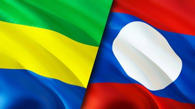 Gabon ve Laos bayrakları. 3 boyutlu dalgalanan bayrak tasarımı. Gabon Laos bayrağı, resim, duvar kağıdı. Gabon Laos 'a karşı imajı, 3D görüntüleme. Gabon Laos ilişkileri ittifak ve ticaret, seyahat, turizm konsepti