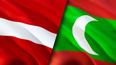Letonya ve Maldivler bayrakları. 3 boyutlu dalgalanan bayrak tasarımı. Letonya Maldivleri bayrağı, resim, duvar kağıdı. Letonya, Maldivler 'e karşı görüntü, 3D görüntüleme. Letonya Maldivler ilişkileri ittifak ve ticaret, seyahat, turizm konsepti