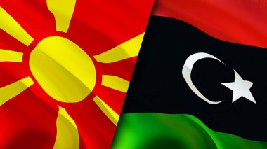 Kuzey Makedonya ve Libya bayrakları. 3 boyutlu dalgalanan bayrak tasarımı. Kuzey Makedonya Libya bayrağı, resim, duvar kağıdı. Kuzey Makedonya Libya imajına karşı, 3D görüntüleme. Kuzey Makedonya Libya ilişkileri ittifakı