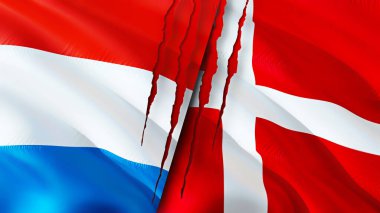 Lüksemburg ve Danimarka bayraklarında yara izi var. Dalgalanan bayrak, 3 boyutlu görüntüleme. Lüksemburg ve Danimarka çatışma konsepti. Lüksemburg Danimarka ilişkileri kavramı. Lüksemburg bayrağı ve Danimarka krizi, savaş