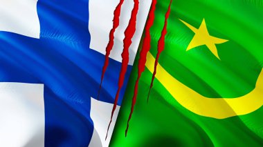 Finlandiya ve Moritanya yara izi kavramına sahip bayraklar. Dalgalanan bayrak, 3 boyutlu görüntüleme. Finlandiya ve Moritanya çatışma konsepti. Finlandiya Moritanya ilişkileri kavramı. Finlandiya bayrağı ve Moritanya krizi, savaş