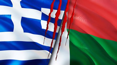 Yunanistan ve Madagaskar yara izi kavramına sahip bayraklar. Dalgalanan bayrak, 3 boyutlu görüntüleme. Yunanistan ve Madagaskar çatışma konsepti. Yunanistan Madagaskar ilişkileri kavramı. Yunanistan bayrağı ve Madagaskar krizi, savaş, attac