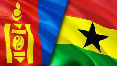 Moğolistan ve Gana bayrakları. 3 boyutlu dalgalanan bayrak tasarımı. Moğolistan Gana bayrağı, resim, duvar kağıdı. Moğolistan, Gana 'ya karşı, görüntü 3 boyutlu. Moğolistan Gana ilişkileri ittifak ve ticaret, seyahat, turizm konsepti