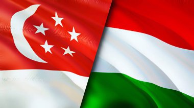 Singapur ve Macaristan bayrakları. 3 boyutlu dalgalanan bayrak tasarımı. Singapur Macaristan bayrağı, resim, duvar kağıdı. Singapur Macaristan 'a karşı, görüntü 3 boyutlu. Singapur Macaristan ilişkileri ittifak ve ticaret, seyahat, turnuva