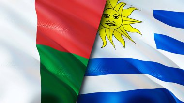 Madagaskar ve Uruguay bayrakları. 3 boyutlu dalgalanan bayrak tasarımı. Madagaskar Uruguay bayrağı, resim, duvar kağıdı. Madagaskar, Uruguay 'a karşı, 3 boyutlu görüntüleme. Madagaskar Uruguay ilişkileri bir ittifak