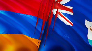 Yara izi olan Ermenistan ve Anguilla bayrakları. Dalgalanan bayrak, 3 boyutlu görüntüleme. Ermenistan ve Anguilla çatışma konsepti. Ermenistan Anguilla ilişkileri kavramı. Ermenistan bayrağı ve Anguilla krizi, savaş,