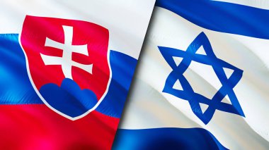 Slovakya ve İsrail bayrakları. 3 boyutlu dalgalanan bayrak tasarımı. Slovakya İsrail bayrağı, resim, duvar kağıdı. Slovakya, İsrail imajına karşı, 3D görüntüleme. Slovakya İsrail ilişkileri ittifak ve ticaret, seyahat, turizm konsepti