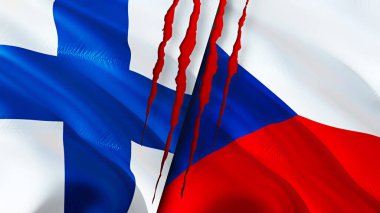 Yara izi olan Finlandiya ve Çek bayrakları. Dalgalanan bayrak, 3 boyutlu görüntüleme. Finlandiya ve Çek çatışma konsepti. Finlandiya Çek İlişkileri konsepti. Finlandiya bayrağı ve Çek krizi, savaş, saldırı konsepti