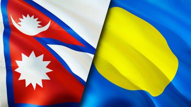 Nepal ve Palau bayrakları. 3 boyutlu dalgalanan bayrak tasarımı. Nepal Palau bayrağı, resim, duvar kağıdı. Nepal, Palau 'ya karşı, görüntü 3 boyutlu. Nepal Palau ilişkileri ittifak ve ticaret, seyahat, turizm konsepti