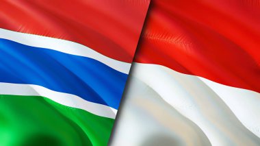 Gambiya ve Endonezya bayrakları. 3 boyutlu dalgalanan bayrak tasarımı. Gambiya Endonezya bayrağı, resim, duvar kağıdı. Gambiya, Endonezya 'ya karşı, görüntü 3 boyutlu. Gambiya Endonezya ilişkileri ittifak ve ticaret, seyahat, turnuva