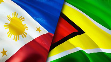 Filipinler ve Guyana bayrakları. 3 boyutlu dalgalanan bayrak tasarımı. Filipinler Guyana bayrağı, resim, duvar kağıdı. Filipinler Guyana 'ya karşı, görüntü 3D. Filipinler Guyana ilişkileri