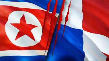 Kuzey Kore ve Panama bayraklarında yara izi var. Dalgalanan bayrak, 3 boyutlu görüntüleme. Kuzey Kore ve Panama çatışma konsepti. Kuzey Kore Panama ilişkileri kavramı. Kuzey Kore bayrağı ve Panama krizi, savaş