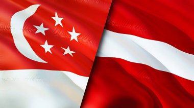 Singapur ve Letonya bayrakları. 3 boyutlu dalgalanan bayrak tasarımı. Singapur Letonya bayrağı, resim, duvar kağıdı. Singapur Letonya 'ya karşı, görüntü 3 boyutlu. Singapur Letonya ilişkileri ittifak ve ticaret, seyahat, turnuva