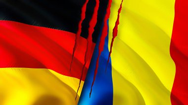 Almanya ve Romanya yara izi kavramına sahip bayraklar. Dalgalanan bayrak, 3 boyutlu görüntüleme. Almanya ve Romanya çatışma konsepti. Almanya Romanya ilişkileri kavramı. Almanya ve Romanya 'nın bayrağı kriz, savaş, saldırı konsepti