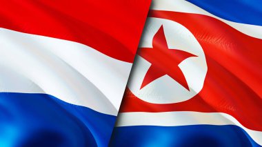 Hollanda ve Kuzey Kore bayrakları. 3 boyutlu dalgalanan bayrak tasarımı. Hollanda Kuzey Kore bayrağı, resim, duvar kağıdı. Hollanda, Kuzey Kore imajına karşı, 3D görüntüleme. Hollanda Kuzey Kore ilişkileri ittifak