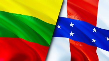 Litvanya ve Hollanda Antilleri bayrakları. 3 boyutlu dalgalanan bayrak tasarımı. Litvanya Hollanda Antilleri bayrağı, resim, duvar kağıdı. Litvanya, Hollanda 'ya karşı Antiller' in 3 boyutlu görüntüsü. Litvanya Hollanda