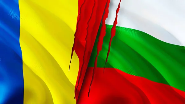 Romania and Bulgaria flags with scar concept. Waving flag,3D rendering. Romania and Bulgaria conflict concept. Romania Bulgaria relations concept. flag of Romania and Bulgaria crisis,war, attac