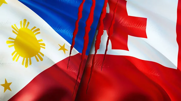 Philippines and Tonga flags with scar concept. Waving flag,3D rendering. Philippines and Tonga conflict concept. Philippines Tonga relations concept. flag of Philippines and Tonga crisis,war, attac