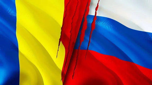 Romania and Russia flags with scar concept. Waving flag,3D rendering. Romania and Russia conflict concept. Romania Russia relations concept. flag of Romania and Russia crisis,war, attack concep