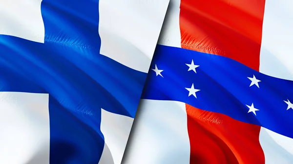 Finland and Netherlands Antilles flags. 3D Waving flag design. Finland Netherlands Antilles flag, picture, wallpaper. Finland vs Netherlands Antilles image,3D rendering. Finland Netherlands Antille