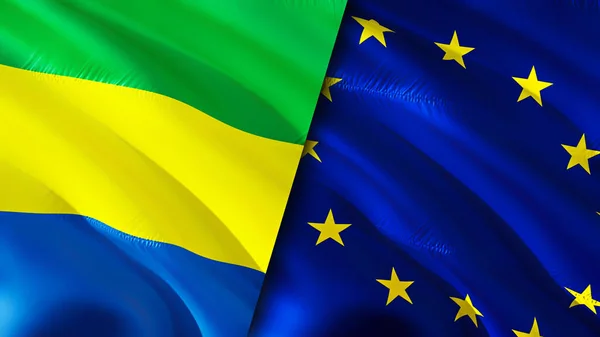 Gabon and European Union flags. 3D Waving flag design. Gabon European Union flag, picture, wallpaper. Gabon vs European Union image,3D rendering. Gabon European Union relations alliance an