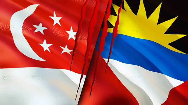 Singapore Antigua Barbuda Flags Scar Concept Waving Flag Rendering Singapore — Stock Photo, Image