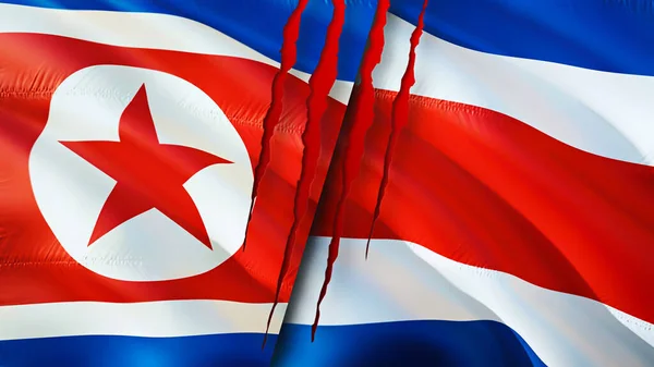 North Korea and Costa Rica flags with scar concept. Waving flag,3D rendering. North Korea and Costa Rica conflict concept. North Korea Costa Rica relations concept. flag of North Korea and Cost