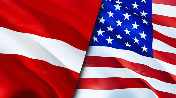 Latvia and United States flags. 3D Waving flag design. Latvia United States flag, picture, wallpaper. Latvia vs United States image,3D rendering. Latvia United States relations alliance an