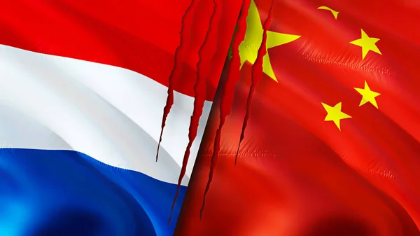 Netherlands and China flags with scar concept. Waving flag,3D rendering. Netherlands and China conflict concept. Netherlands China relations concept. flag of Netherlands and China crisis,war, attac