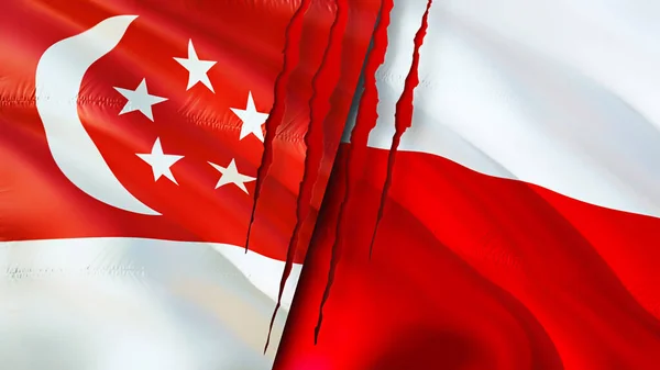 Bandeiras Singapura Polónia Com Conceito Cicatriz Bandeira Ondulada Renderização Conceito — Fotografia de Stock