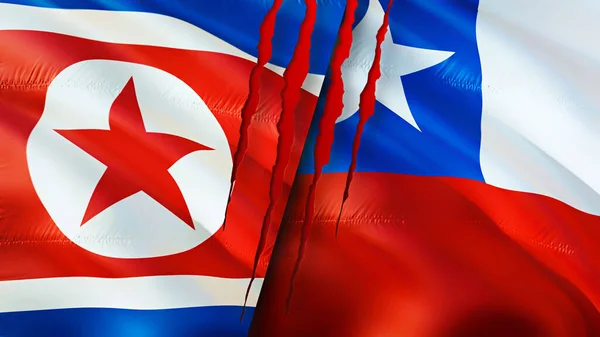 North Korea and USA Chile with scar concept. Waving flag,3D rendering. North Korea and USA conflict concept. North Korea USA relations concept. flag of North Korea and USA crisis,war, attack concep