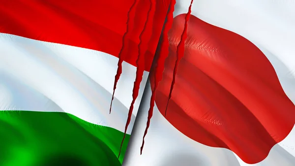 Hungary and Japan flags with scar concept. Waving flag,3D rendering. Hungary and Japan conflict concept. Hungary Japan relations concept. flag of Hungary and Japan crisis,war, attack concep