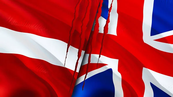 Latvia and United Kingdom flags with scar concept. Waving flag,3D rendering. Latvia and United Kingdom conflict concept. Latvia United Kingdom relations concept. flag of Latvia and United Kingdo