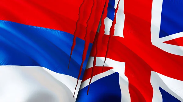 Serbia and United Kingdom flags with scar concept. Waving flag,3D rendering. Serbia and United Kingdom conflict concept. Serbia United Kingdom relations concept. flag of Serbia and United Kingdo