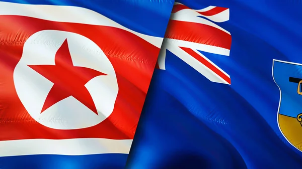 北朝鲜和蒙特塞拉特的国旗 3D波浪旗帜设计 北朝鲜蒙特塞拉特国旗 北朝鲜对蒙特塞拉特图像 3D渲染 北朝鲜蒙特塞拉特关系联盟 — 图库照片