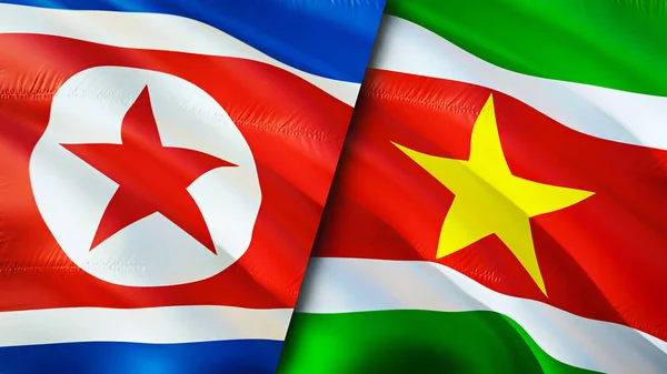 North Korea and Suriname flags. 3D Waving flag design. North Korea Suriname flag, picture, wallpaper. North Korea vs Suriname image,3D rendering. North Korea Suriname relations alliance an