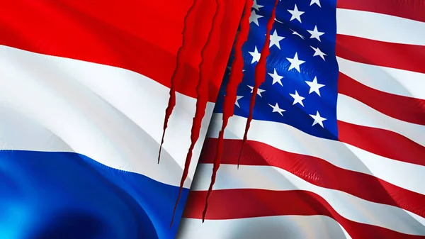 Nederland Usa Vlaggen Met Litteken Concept Wuivende Vlag Weergave Nederland — Stockfoto