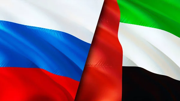 Russia and United Arab Emirates flags. 3D Waving flag design. Russia United Arab Emirates flag, picture, wallpaper. Russia vs United Arab Emirates image,3D rendering. Russia United Arab Emirate